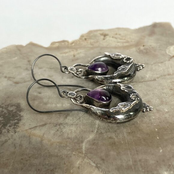 VTG Oxidized Sterling Silver 925 1.86" Amethyst Cabochon Dangle Drop Earrings - Picture 4 of 16